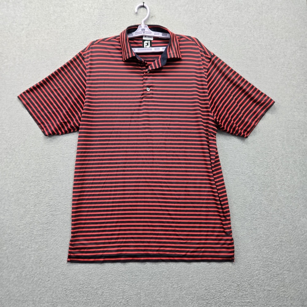 Footjoy Men Polo L Navy Embroidered Striped Golf Shirt Button Logo Short Sleeve